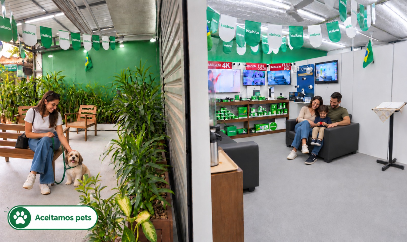 Showroom com equipamentos funcionando, área de espera e espaço pet friendly